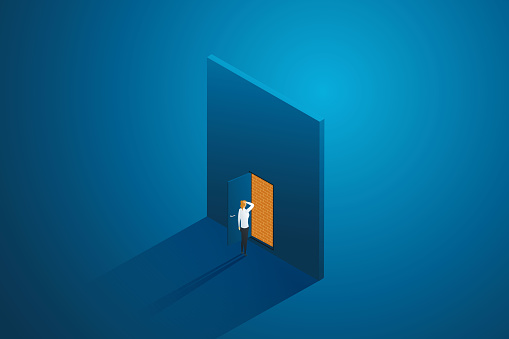 The dead end of a business woman who has no way out or is unable to continue her career path. Woman opening the door sees a wall blocking the way. isometric illustration vector.