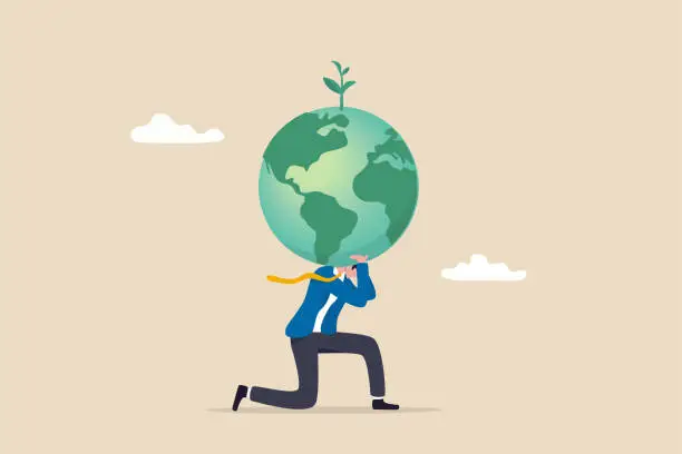 Vector illustration of Climate change and global warming responsibility, world leader commitment to take care our planet earth concept, businessman in atlas pose carrying green globe with seedling plant on his shoulder.