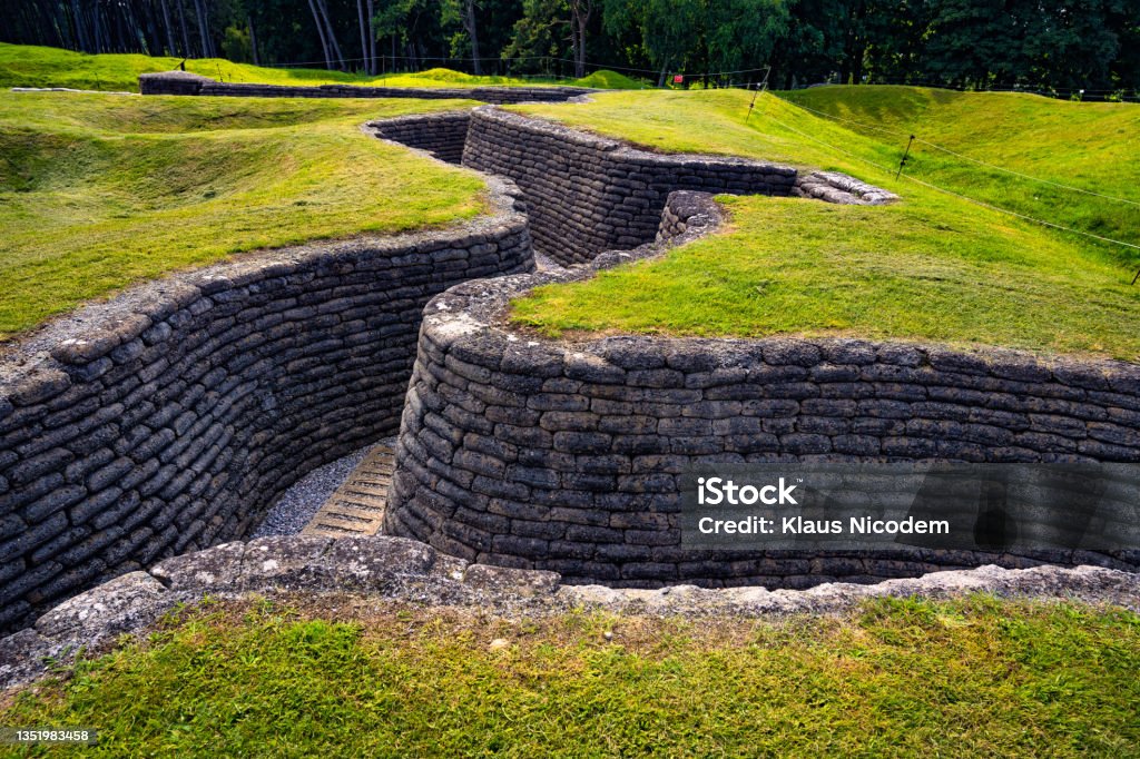 First World War Preserved Trenches - Canadian National Vimy Memorial preserved trenches of the first world war. Former battlefield is overgrown with grass today. World War I Stock Photo