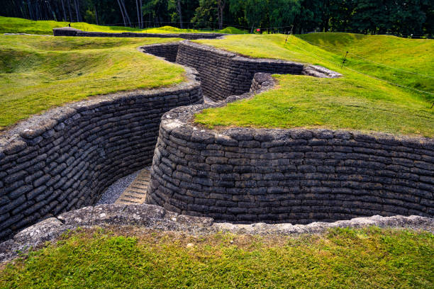 First World War Preserved Trenches - Canadian National Vimy Memorial preserved trenches of the first world war. Former battlefield is overgrown with grass today. vimy memorial stock pictures, royalty-free photos & images