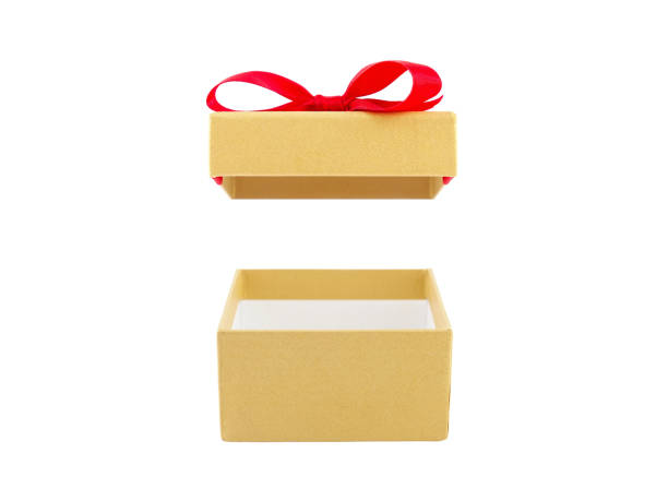 istock close-up open and empty single gold color gift box with red ribbon bow isolated on white background (lid is floating in the air) 1351983545