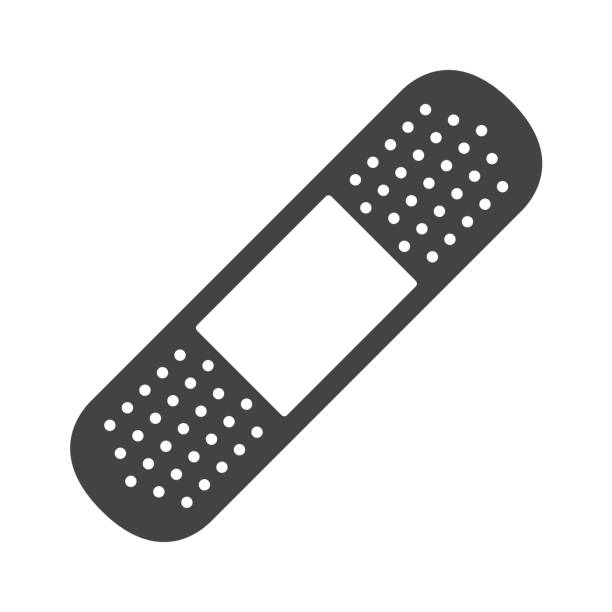 Bandage silhouette icon. A thin strip of fabric on which an adhesive mass is applied. The patch is a dosage form in the form of a plastic mass. Bandage silhouette icon. A thin strip of fabric on which an adhesive mass is applied. The patch is a dosage form in the form of a plastic mass. Vector illustration isolated on a white background for design and web. adhesive bandage stock illustrations