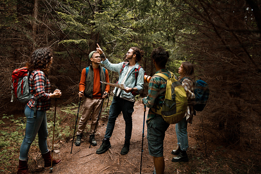 Group of hikers looking at the right direction through the woods. One of them is aiming.