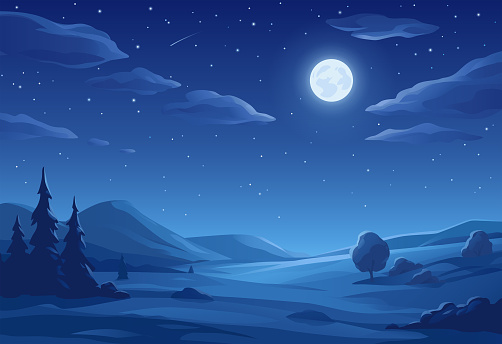 Vector illustration of a beautiful rural landscape with trees, bushes, hills and meadows at night under a bright full moon.