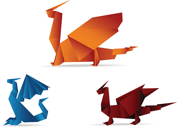 Blue red and orange origami dragons on a white background vector art illustration