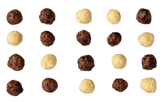 collection of chocolate and vanilla corn balls isolated on white background. Cereals breakfast set