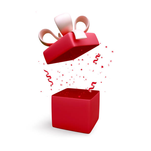 pudełko upominkowe z czerwoną wstążką i kokardką oraz opadającym konfetti. baner świąteczny z otwartym pudełkiem. obecny element projektu dekoracji pudełka - gift greeting card birthday card red stock illustrations