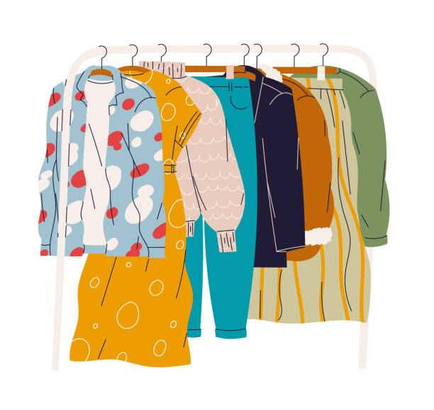 illustrations, cliparts, dessins animés et icônes de vêtements accrochés à un cintre dans le vestiaire ou le magasin. - clothing closet hanger dress