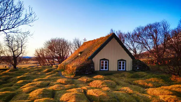 Photo of Turf Church in icelandic village of Hofskirkja, Skaftafell Iceland