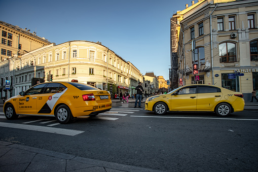 Moscow, Russia - October 30, 2021 Pedestrians at the Kuznetsky Most street at the old center of Moscow
