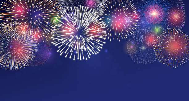 ilustrações de stock, clip art, desenhos animados e ícones de fireworks on twilight background vector illustration. bright salute explosion with glowing effect isolated on dark blue. - fireworks