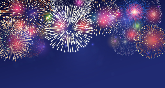 Fireworks on twilight background vector illustration. Bright salute explosion with glowing effect isolated on dark blue.