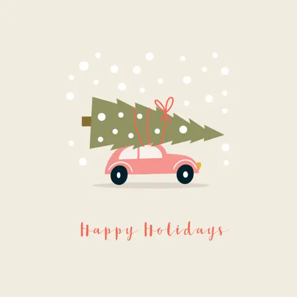 Vector illustration of Christmas card. Car with xmas tree