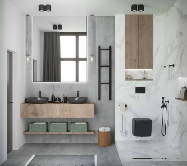 istock 3d rendering of marble bathroom in modern design 1351994084