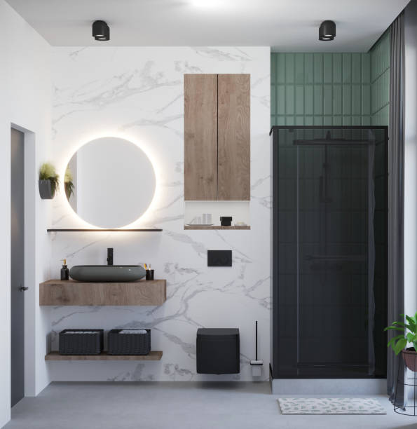 istock 3d rendering of marble bathroom with green mint tile. 1351994086