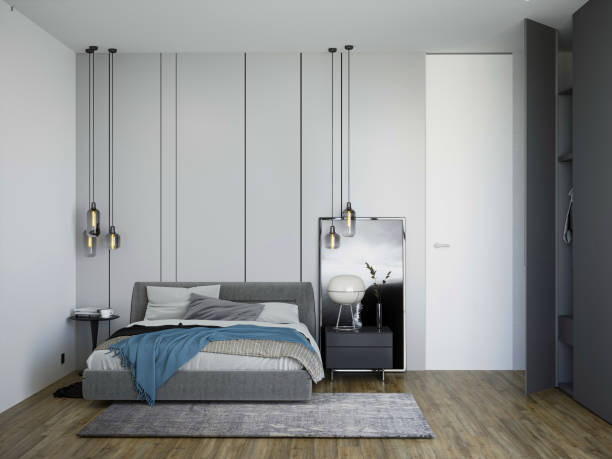 istock 3d rendering of modern luxury bedroom in grey colors. 1351994088