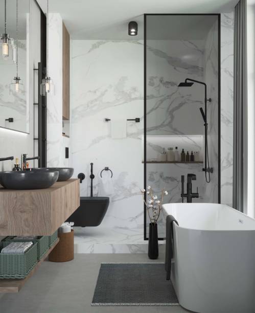 istock 3d rendering of marble bathroom with bathtub and shower. 1351994109