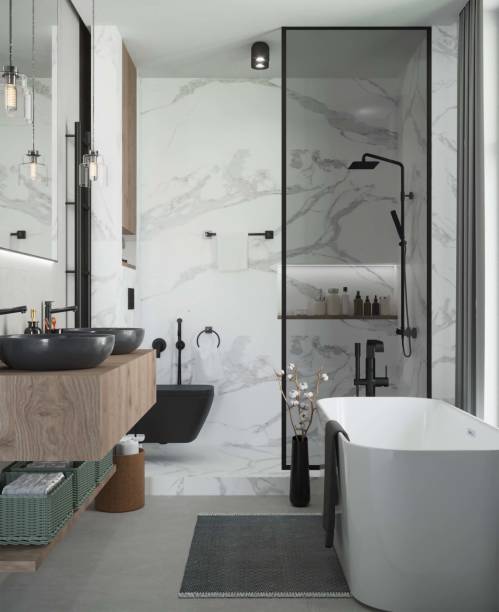 3d rendering of marble bathroom with bathtub and shower. - beautiful decor shower design imagens e fotografias de stock