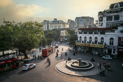 Traffic at the street crossing of Hanoi in the morning