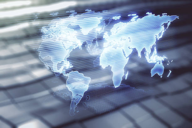 istock Multi exposure of abstract creative digital world map hologram on blurry metal background, research and analytics concept 1351995288