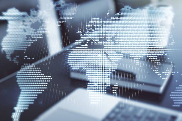 istock Double exposure of abstract digital world map on laptop background, research and strategy concept 1351995426