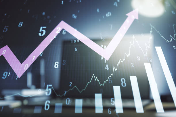 istock Abstract creative financial graph with upward arrow on modern laptop background, forex and investment concept. Multiexposure 1351995435