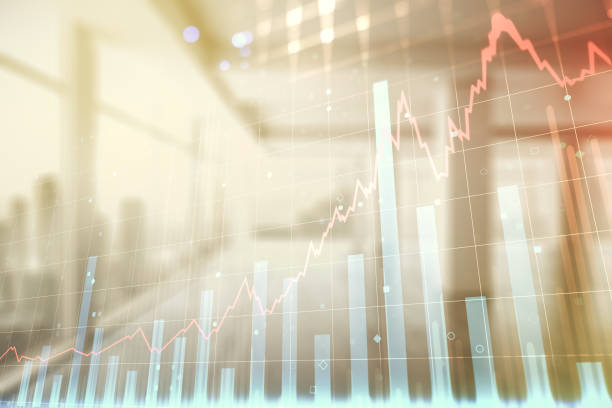 istock Multi exposure of abstract virtual financial graph hologram on empty corporate office background, forex and investment concept 1351995463