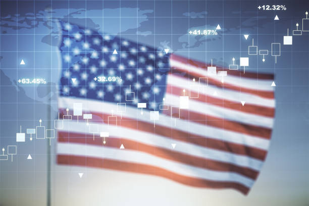 istock Abstract creative financial graph interface and world map on USA flag and sunset sky background, forex and investment concept. Multiexposure 1351995484
