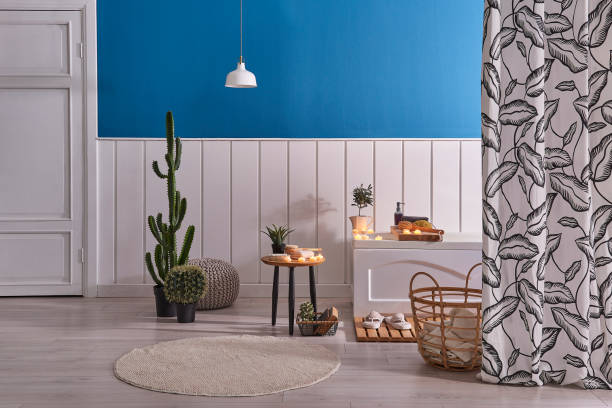 istock Modern home interior bath room white and blue decoration, 1351995485