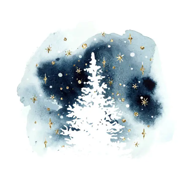 Vector illustration of Watercolor vector silhouette of a white  Christmas tree. Christmas abstract watercolor illustration in blue and gold colors.