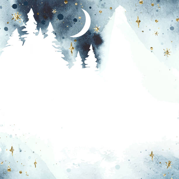 Watercolor magic vector landscape in blue, golden and white colors. Forest with mountain under night sky with moon. Christmas template with place for text or illustration. Watercolor magic vector landscape in blue, golden and white colors. Forest with mountain under night sky with moon. Christmas template with place for text or illustration. Watercolor design for card, poster, banner, flyer, invitation mountain borders stock illustrations
