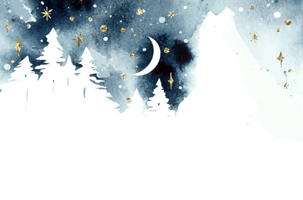 ilustrações de stock, clip art, desenhos animados e ícones de watercolor winter magic vector landscape with forest under night sky. christmas template. coniferous forest, mountain, moon and abstract watercolor splashes. place for text or illustration - christmas christmas tree snow illustration and painting