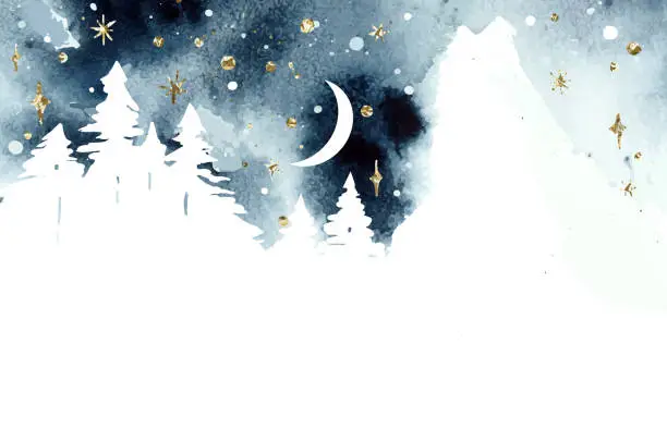 Vector illustration of Watercolor winter magic vector landscape with forest under night sky. Christmas template. Coniferous forest, mountain, moon and abstract watercolor splashes. Place for text or illustration