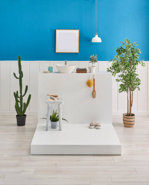 istock Modern home interior bath room white and blue decoration, 1351996446
