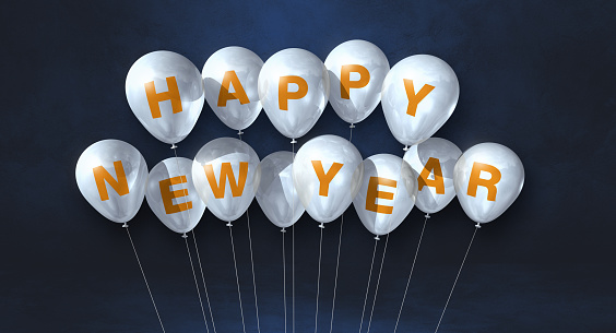 White happy new year balloons bunch on a black concrete background. Horizontal banner. 3D illustration render