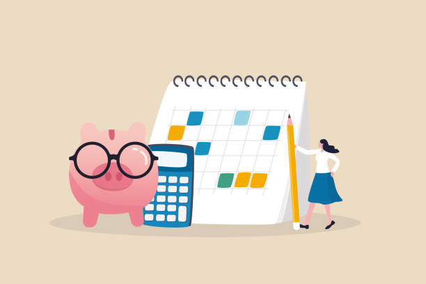 monthly cost or budget, expense to pay bill, mortgage or debt, plan for savings or investment, money management or credit card payment, smart woman plan her monthly budget with calendar and piggybank. - budget 幅插畫檔、美工圖案、卡通及圖標