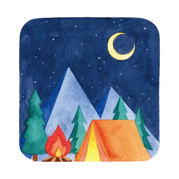 Vector illustration of Watercolor Camping night scene