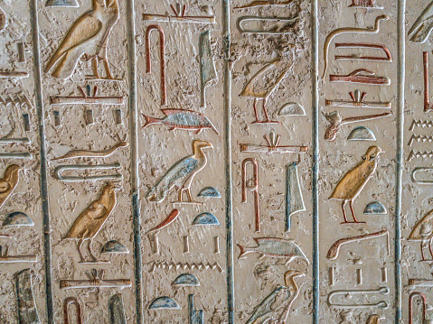 Close up view of ancient Egyptian hieroglyphs carved into sandstone. History concept.