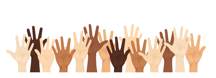 Multiethnic diverse people hands with different skin color raised up vector illustration isolated