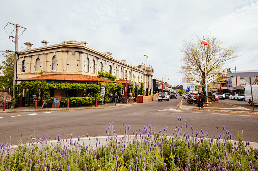 Daylesford, Australia - November 6, 2021: Vincent St in Daylesford on a warm spring morning in Victoria, Australia