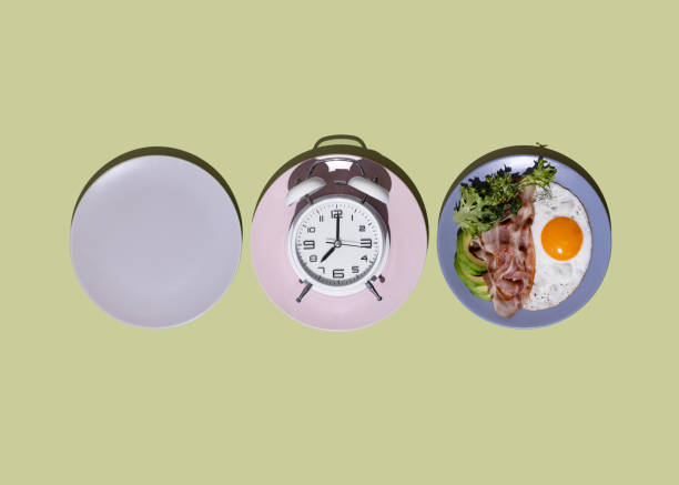 Intermittent Fasting for Weight Loss: Top 10 Health Benefits 2 intermittent fasting concept with blank colorful plates healthy keto breakfast bacon fried