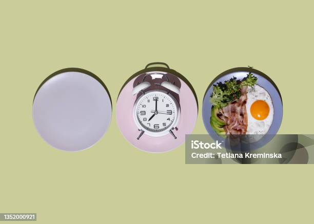 Intermittent Fasting Concept With Blank Colorful Plates Healthy Keto Breakfast Bacon Fried Eggs Avocado And Microgreens Low In Carbohydrates High In Fat Stock Photo - Download Image Now