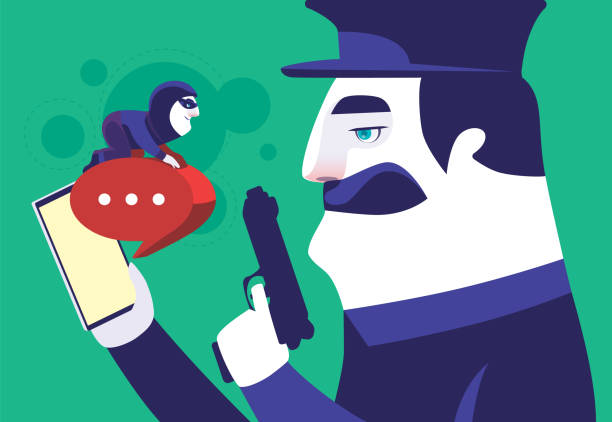 ilustrações, clipart, desenhos animados e ícones de segurança reunião golpista com smartphone - violence police catching stealing