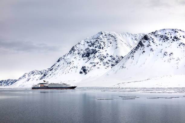 montanhas cobertas de neve de svalbard com navio de cruzeiro turístico no fiord. ecoturismo está se tornando popular na região - circle natural phenomenon water snow - fotografias e filmes do acervo