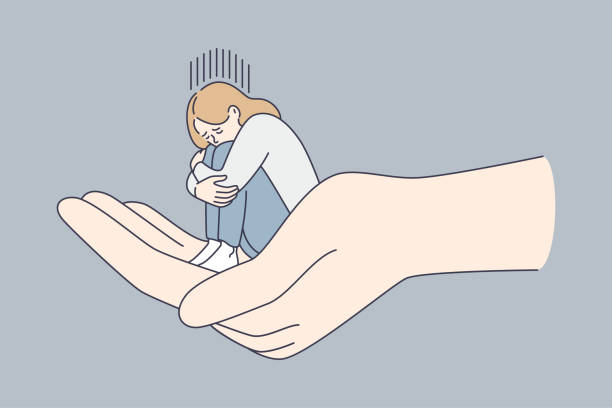 Helping hand and depression concept Helping hand and depression concept. Huge human hand holding tiny sitting depressed unhappy sad woman over grey background vector illustration victim advocacy stock illustrations