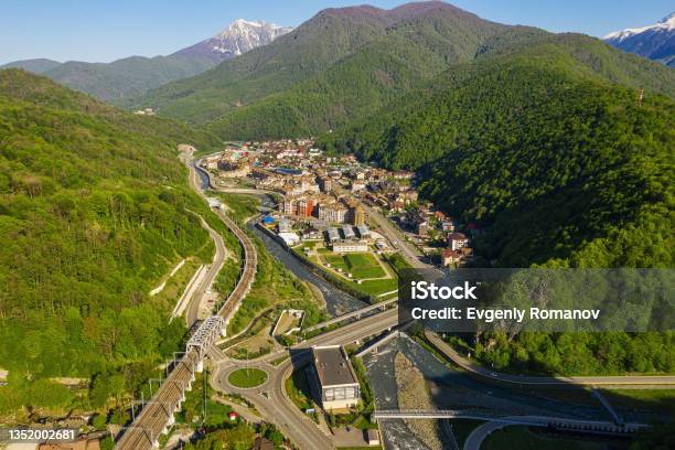 North Caucasus Ski Resort Estosadok Aerial View Stock Photo - Download Image Now - Caucasus, Color Image, Dawn