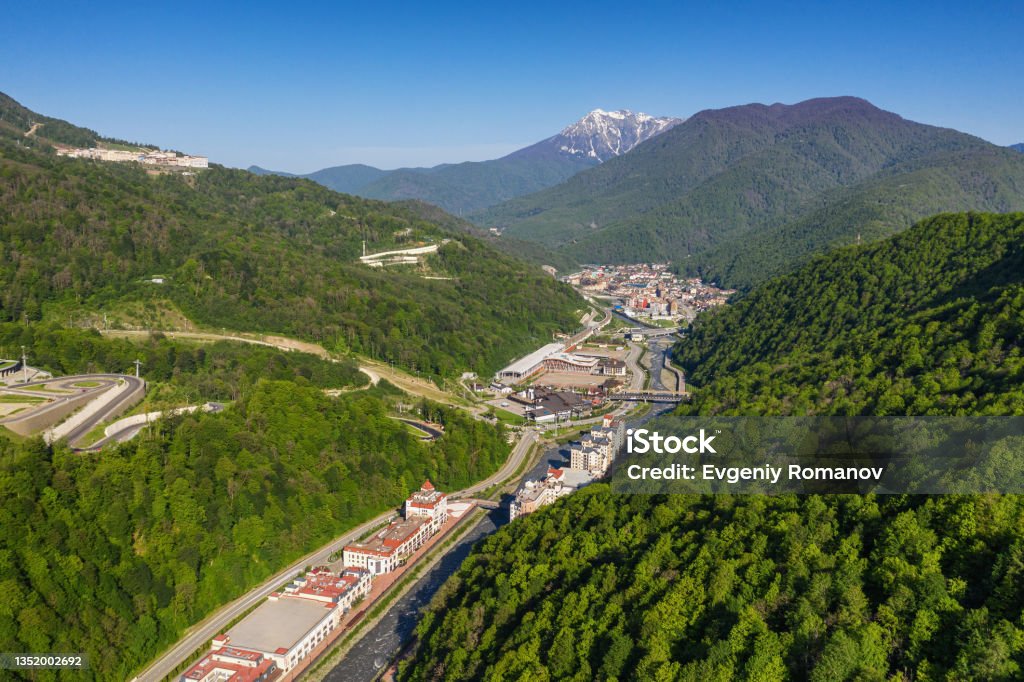 North Caucasus. Ski resort Estosadok. Aerial view. Caucasus Stock Photo