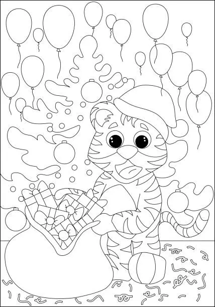 Vector illustration of Cute tiger in a New Year's hat with a bag of gifts near the New Year tree.