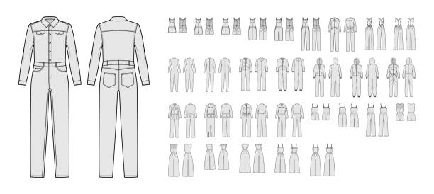 Set of jumpsuits overall technical fashion illustration with mini midi knee ankle length, long sleeves, straps strapless Set of jumpsuits overall technical fashion illustration with mini midi knee ankle length, long sleeves, straps, strapless, hoody. Flat front, back, grey color style. Women, men, unisex CAD mockup jumpsuit stock illustrations
