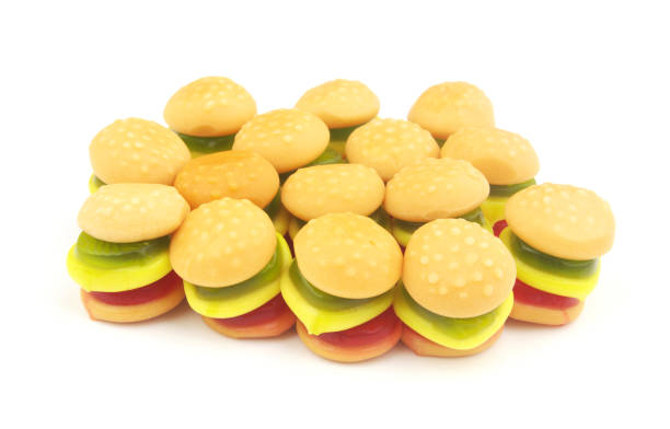 istock Gummy burger candies isolated on white background 1352003062